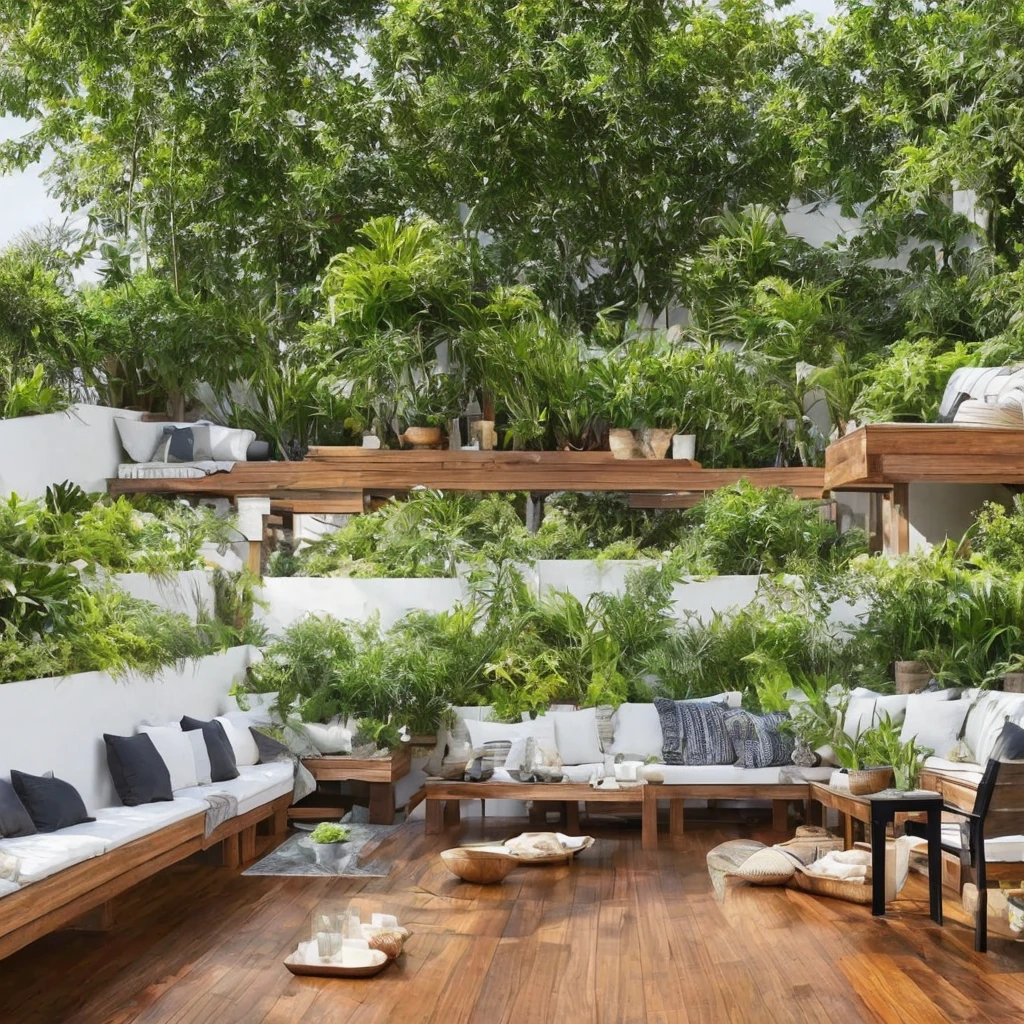 there is a wooden deck with a bench and chairs and plants, beautiful terrace, terrace, balcony, Outdoor Tonal Colors, relaxing and cozy landscape, serene and peaceful style, cozy atmosphere, green terrace, deck, subtle earthy tones, outdoor design, Comfortable place, cozy atmosphere, color scheme brown and black salad colors and white in outline.