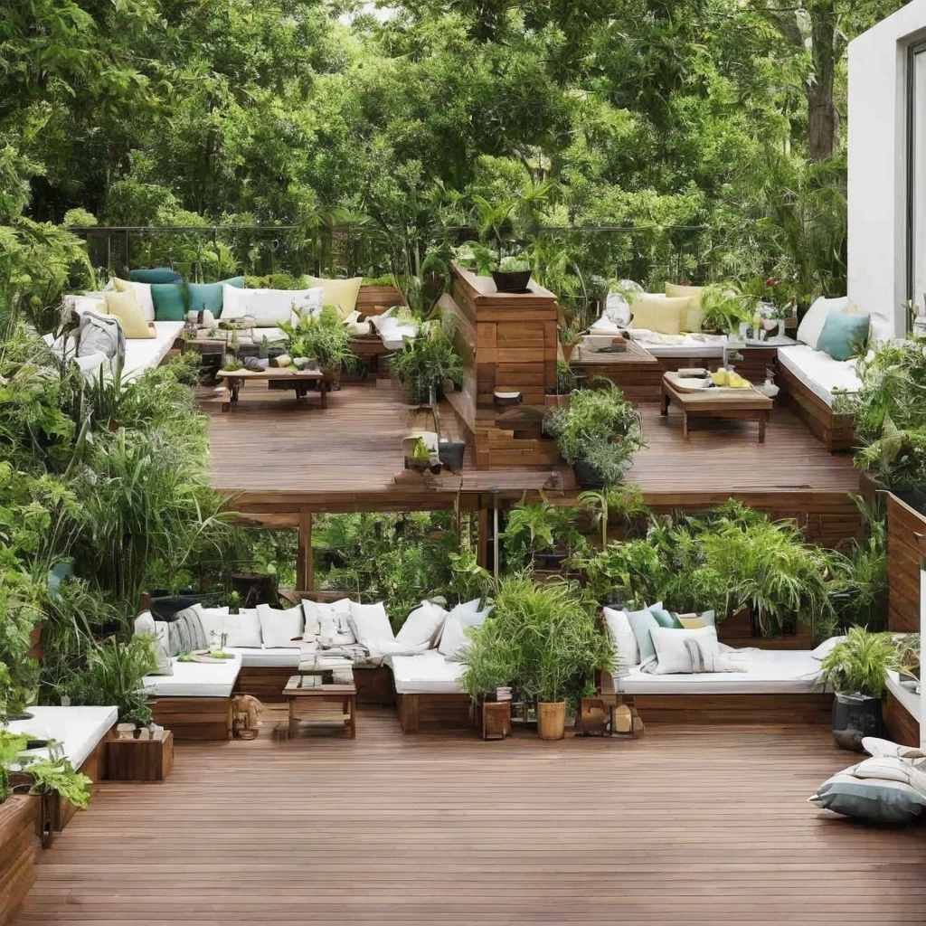 there is a wooden deck with a bench and chairs and plants, beautiful terrace, terrace, balcony, Outdoor Tonal Colors, relaxing and cozy landscape, serene and peaceful style, cozy atmosphere, green terrace, deck, subtle earthy tones, outdoor design, Comfortable place, cozy atmosphere, color scheme brown and black salad colors and white in outline.