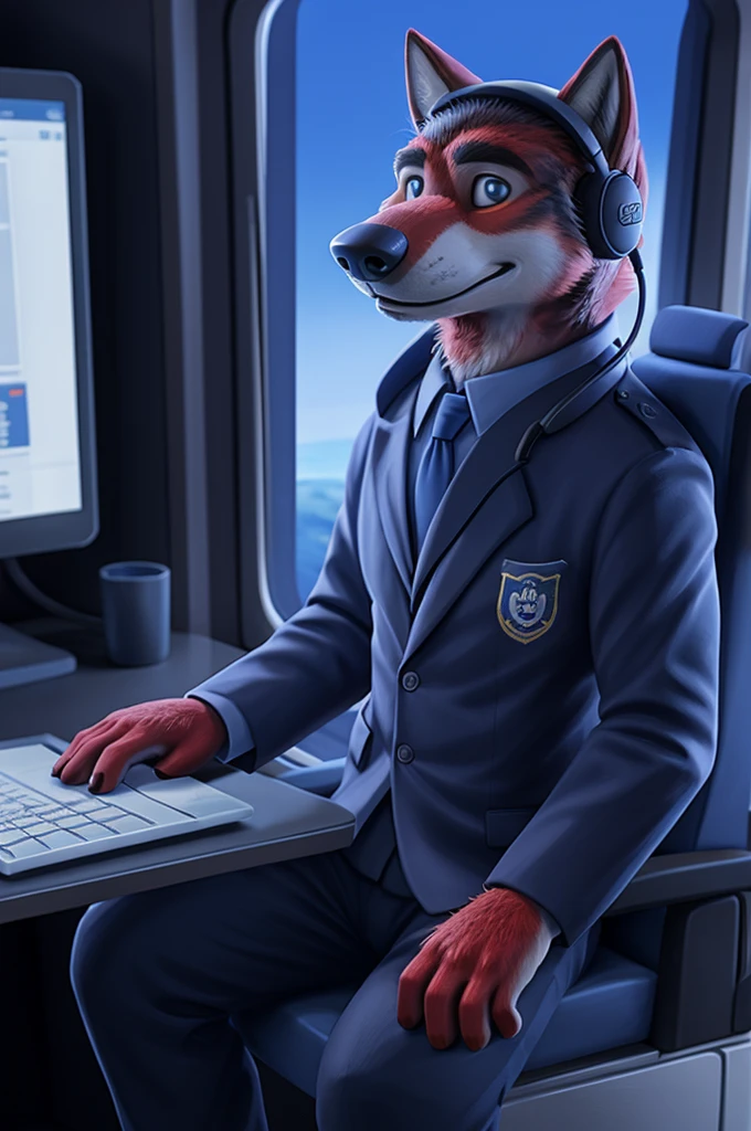 Ivan Fedorovich Wolfbach (Novosibirsk) ,tall handsome, wolf,young, 24 years, brown fur,Kind,(red body:1.3),beautiful blue eyes,Novosibirsk,dressed,civil aviation pilot uniform,White shirt,commander's epaulettes, черный tie, trousers,air traffic controller, trousers,canine, wolf, detailed fur, male, second, paw pads, finger claws,At the viewer, 5 fingers, paws, 5 fingers, smile, wrist watch, т nextel,by xenoforge, (difficult, high detail, digital photography, soft focus, RAW,goes for a walk, ,Very close to the camera,airport,Novosibirsk, smile, good mood, positive, Very close to the camera, plaid shirt, At the hairdresser, without hair, captain's epaulets,
Photorealism, realistic, photorealistic, digital style, Subsurface scattering,I look at the viewer,стоит White shirt is sitting, at the computer, radars, microphone, trousers, tie,air navigation tower, close to the camera,окно вид на airport и самолеты, is sitting, airplane symbol on jacket, headphones,
masterpiece, Best quality, ultra realistic, 8 thousand.)