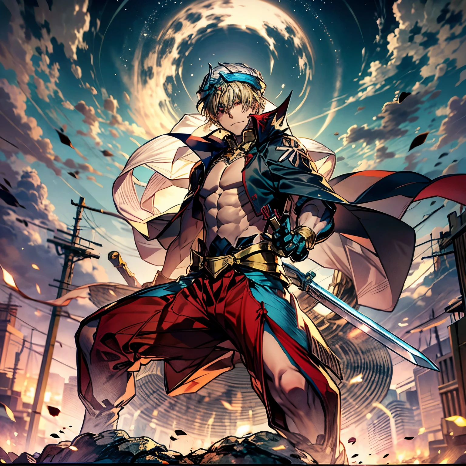 8K, Mouthpiece, ((One Beautiful Man)),((Fate Stay Night Drawing)), Gilgamesh Male Solo, emperor, whole body, Fighting on a desolate hilltop, Visibility is poor due to dust, ((One Beautiful Man)), ((Red eyes)), Long Hair, Blonde, Wrap a turban on your head, (Background: Countless swords floating in the air, all facing the same direction, Many types of swords),Powerful Pose, Dynamic Posing, 