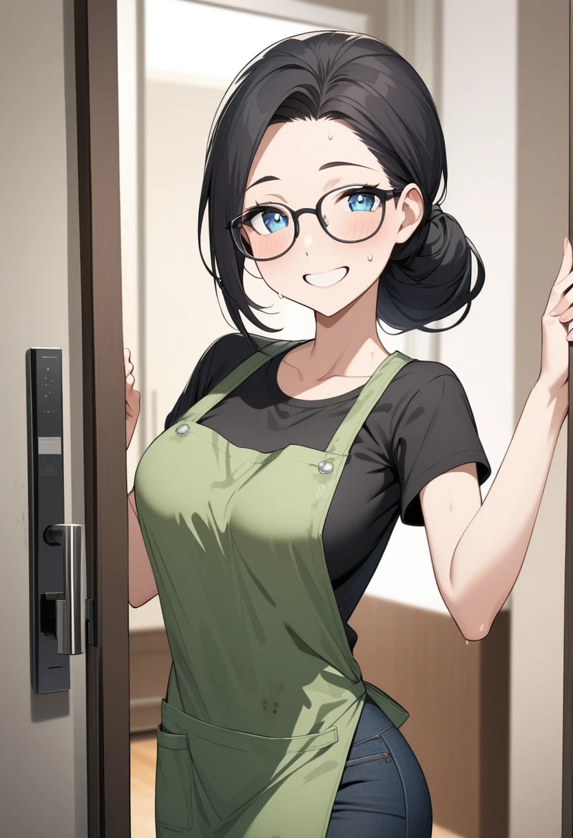 Adult female, highly detailed, glasses, short black hair style tied back, blue eyes, smile, apartment entry, green dirty apron, black shirt, black jeans, perfect eyes, high quality, happy, sweaty, answering door, highly detailed living room background, expressive eyes