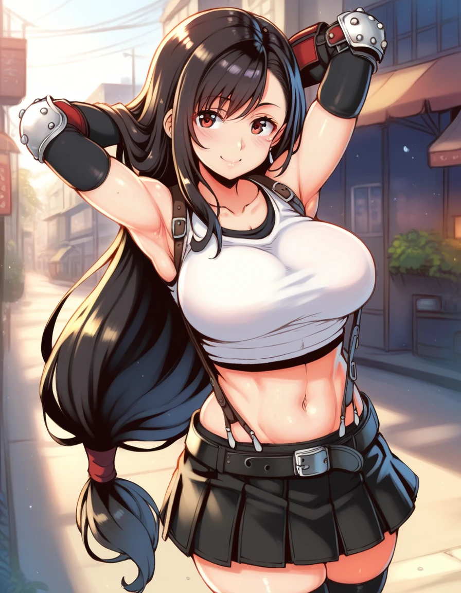 score_9, score_8_up, score_7_up,score_6, score_5,4k,rating_safe BREAK , (from front.from front,breast focus,standing,straight-on,(arms up,arms behind head.),,(upperbody),looking_at_viewer ,1girl, tifa lockhart, final fantasy, tareme,black hair, low-tied long hair, red eyes, bangs, (white tank top, belt, pleated skirt, thighhighs, elbow fingerless gloves, elbow pads, midriff, navel,suspender skirt) ,large_breasts,(light smile),,,Solo,,(daytime and beachside and city),detailed skin,(best quality),(aesthetic,very aesthetic),UHD,HDR,intricate detailed,anime,highly detailed,sharp focus,depth of field,,professional lighting,cinematic lighting, dancing breast, 　　