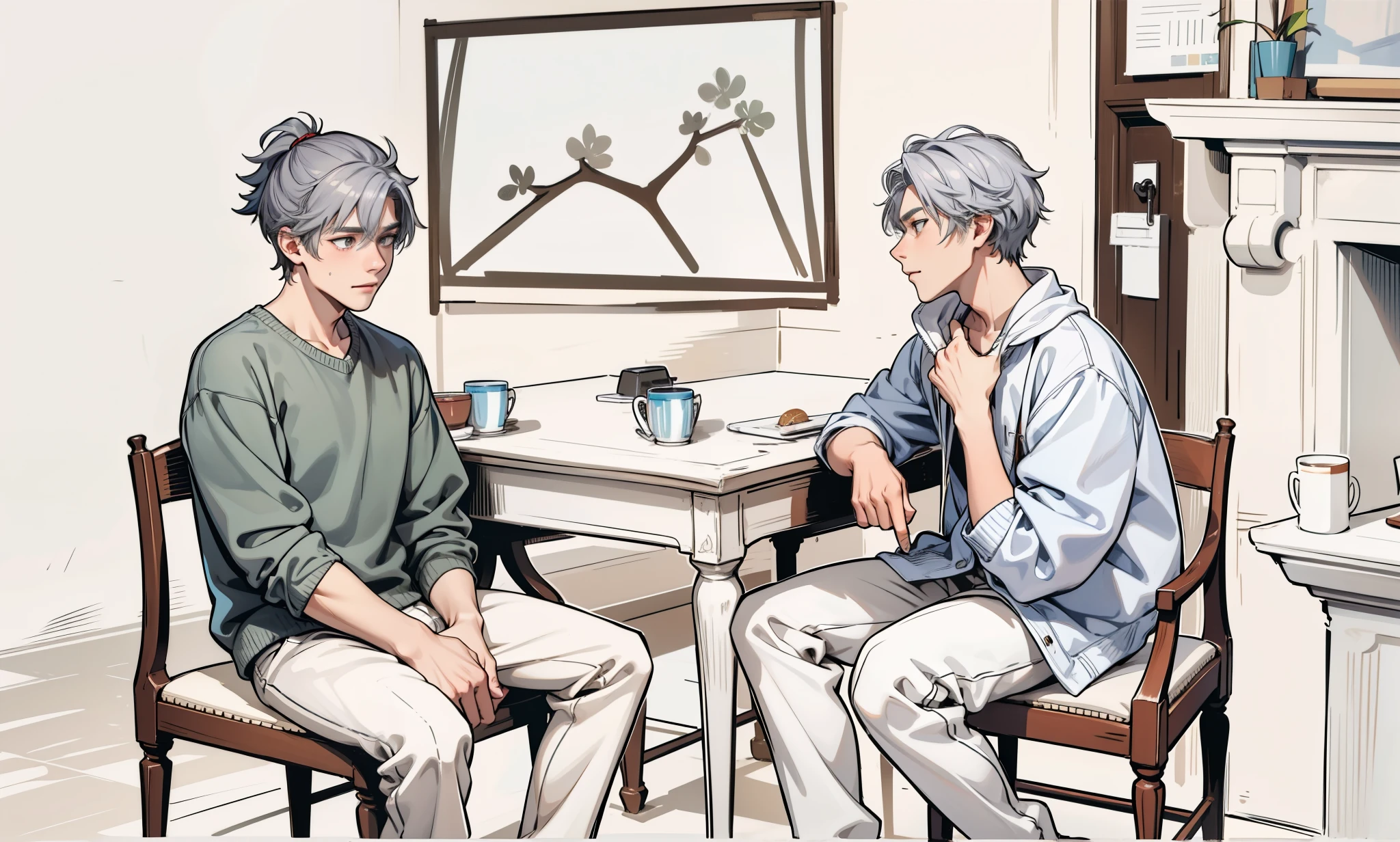 There are two 17-year-olds sitting in the dining room, they are somewhat uncomfortable talking, their hair is gray. 