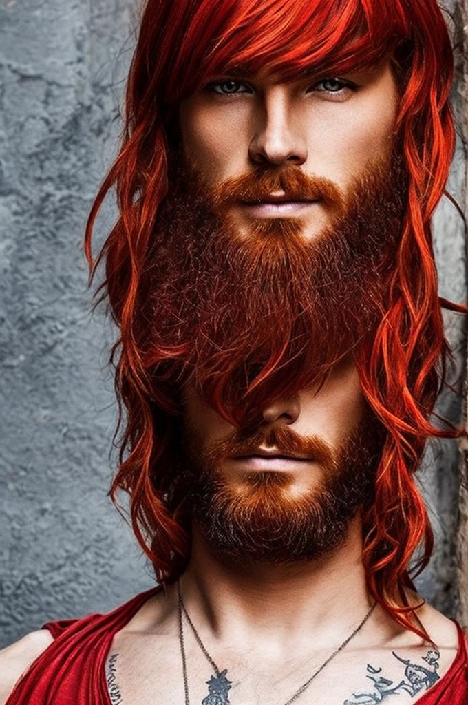 boy, red hair half tied at shoulder length and a little messy, amber eyes, skin fair, greek clothing, smoke tattoo on neck and arm, uncanny, darkness background, shunlight.