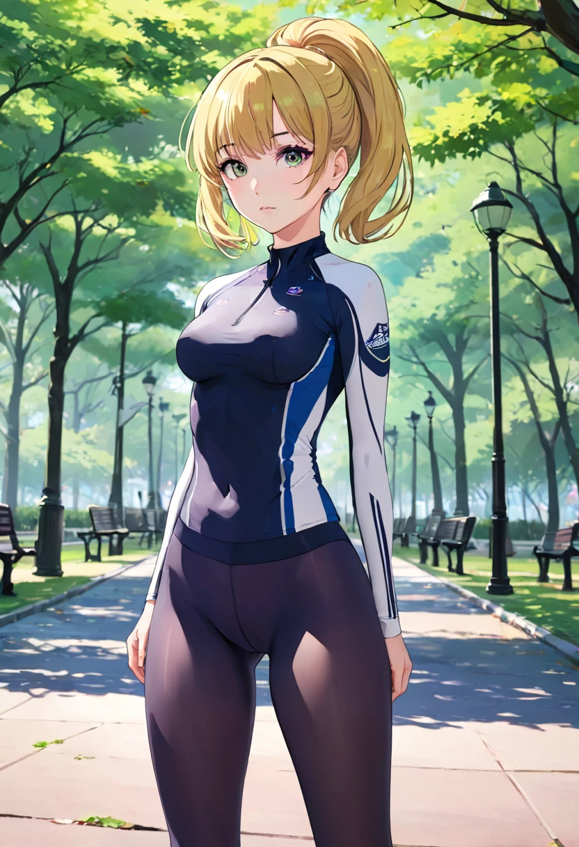masterpiece、Mastepiece、22 year old anime girl、Random hairstyle、Perfect proportions、Wear sports tights、The background is a park