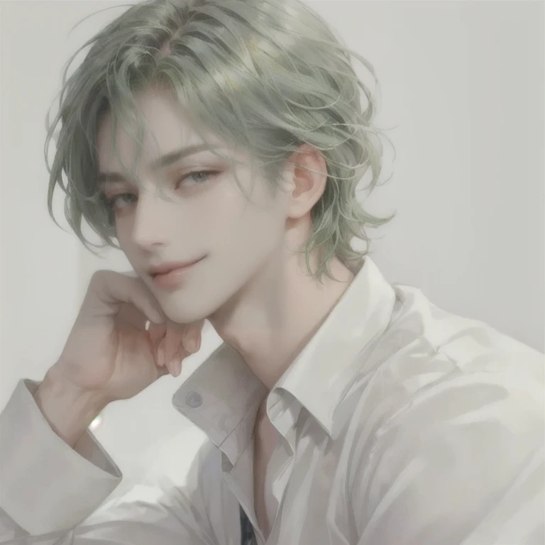 ((GREEN HAIR MESSY HAIR MAN))((BRIGHT VERY GREY EYES))((SEDUCTIVE EYES))((ILLEGAL))((SMIRK))((SUBTLE COCKY SMIRK))((SEXY LOOKING FACE))((MATURE))((GREEN HAIR))((YELLOW EYES))((RELAXED))((ELEGGANT WEAR))((ELEGANT BG))((MATURE MALE OLD MALE))(SAME HAIR, SAME EYES) (SAME PICTURE, GREY EYES), (INTRICATE DETALED OUTFIT, BUSINESS OUTFIT), GREY EYES, SAME MESSY HAIR,(((BANGS EYE LEVEL))), COLORFUL, NICE BUSINESS BG, ((THICK VERY THICK BANGS PASSING EYES))