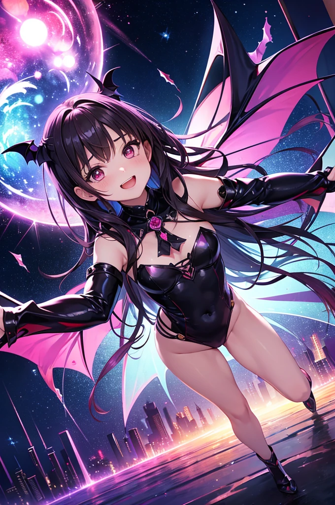 laughing out loud、Baby-faced girl、Full body girl, alone, , masterpiece,Highest quality, (Dynamic Angle:1.4), Glowing Skin, (Floating colorful sparkles:1) The most beautiful form of chaos, elegant, Brutalist design, Vibrant colors, Romanticism Depth of Field Exotic_dance, vampire、bat