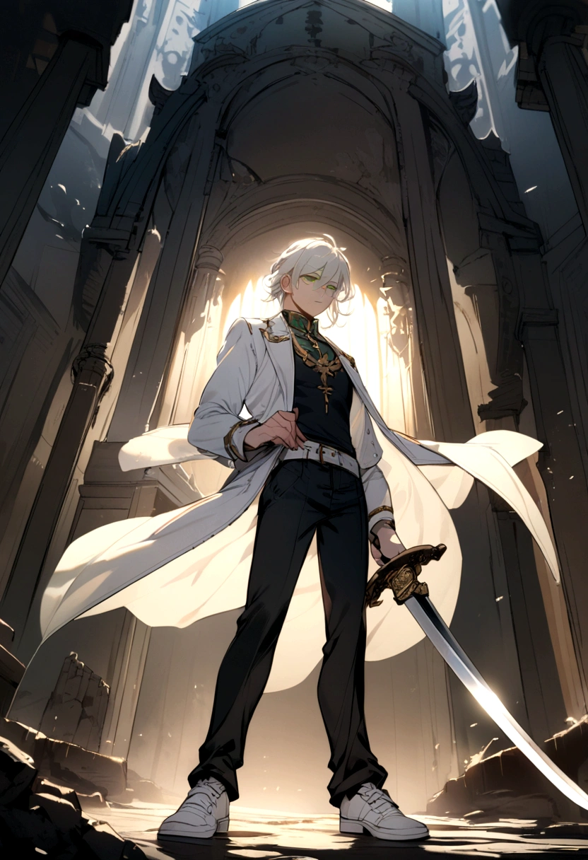 a man character with a white jacket black pants white hair green eyes white shoes with two swords