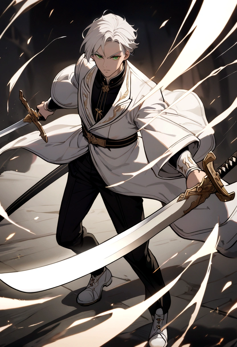 a man character with a white jacket black pants white hair green eyes white shoes with two swords 