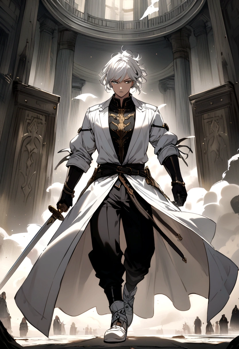 a man character with a white jacket black pants white hair green eyes white shoes with two swords