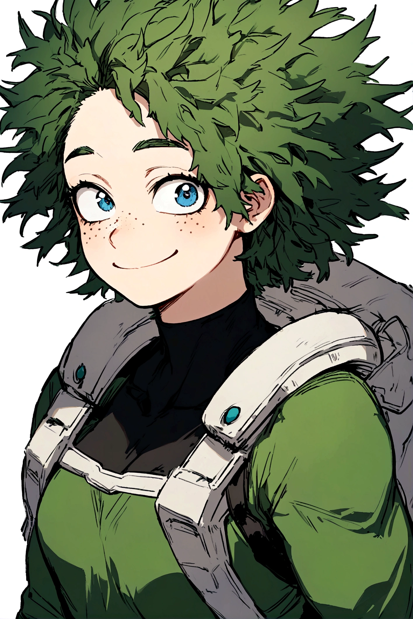 My hero academia, girl with green messy hair with blue eyes and freckles, smiling
