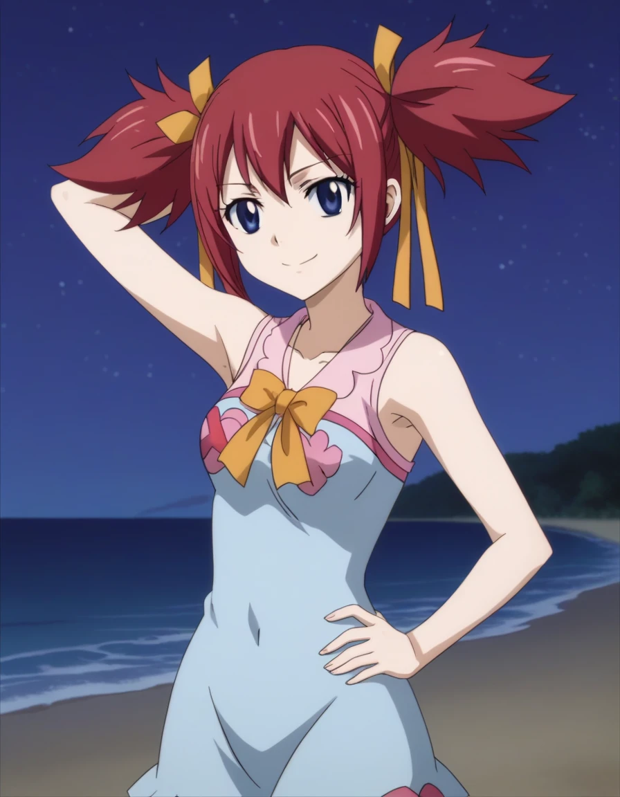chelia_blendy, source_anime, rating_safe, intricate details, anime screencap, anime coloring, 1girl, solo,  red hair, blue eyes, ribbon, hair ribbon, twintails, short twintails, looking at viewer, solo, contrapposto, spread armpit, arm behind head, hand on hip, smile, looking at viewer, (cowboy shot:1.5), closed mouth, night sky, beach, high quality,