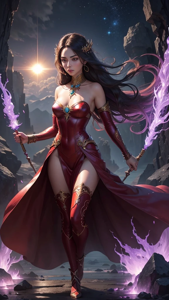 Captivating and leader woman, long and loose hair. Full body. Head down, looking straight ahead, imposing an action. She is direct and frank to the point that the most sensitive souls around her become alienated. Intrepid. Courageous. She gathered inner strength to face challenges. She wears a red leather dress with lamb's fur around her neck. Ruled by the sun. Be mythical. Zodiac. Mystical environment. Molecular, textures, iridescent and luminescent scales, dazzling beauty, vivid colors. Dreamer. Dynamic composition. Amethyst stones and diamonds around her.