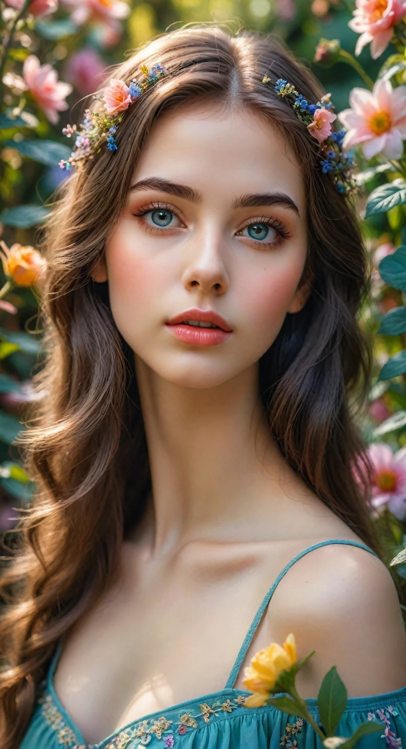 a beautiful young girl in a garden, detailed eyes, detailed lips, long eyelashes, young face, 1girl, beautiful detailed facial features, garden, flowers, colorful, vibrant colors, fantasy, dreamy, magical, ethereal, soft lighting, cinematic, photorealistic, hyper detailed, award winning art, intricate details, 8k, best quality, masterpiece