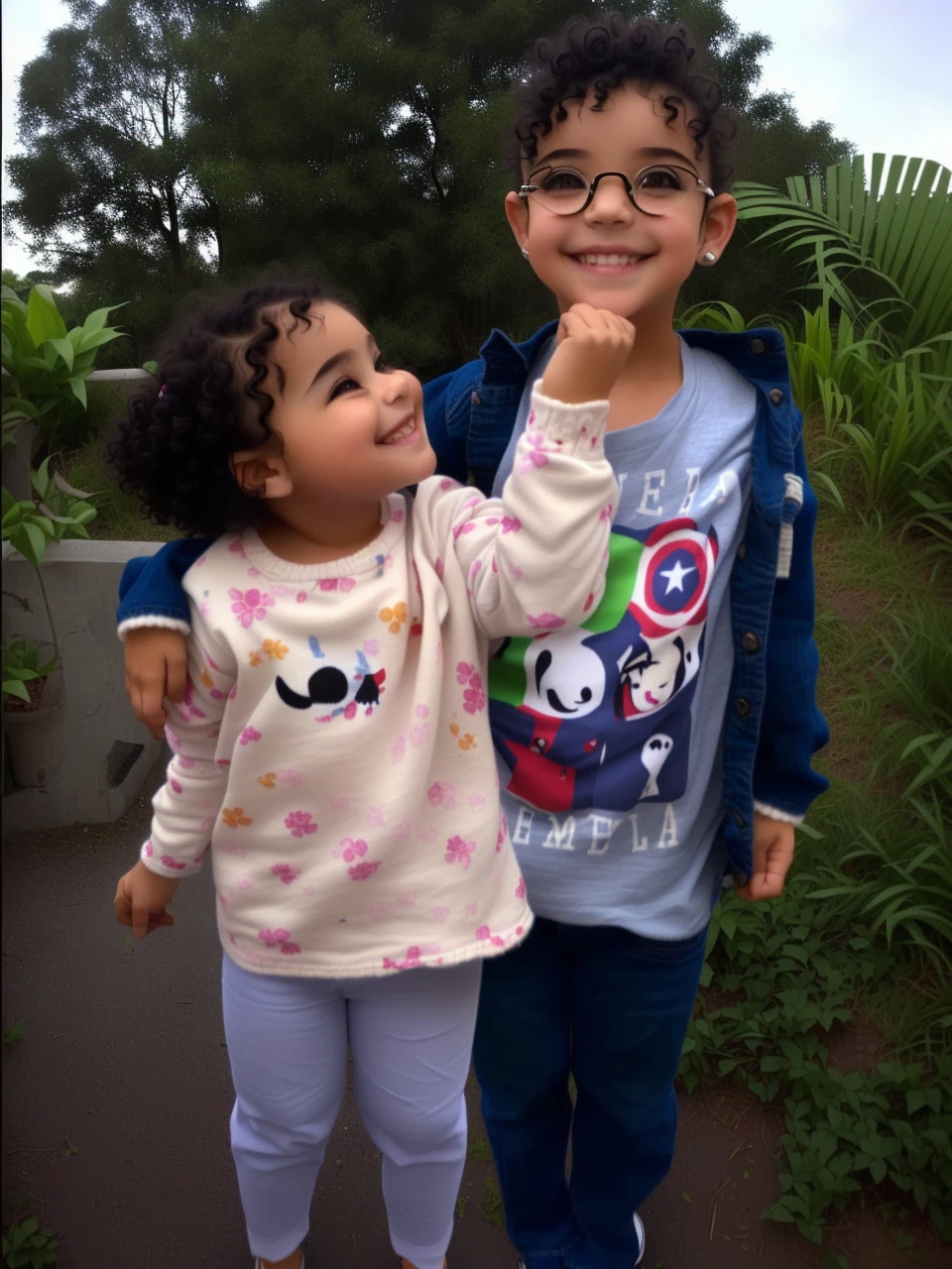 A beautiful girl with medium black curly hair , and Dark eyes in jeans and white knitting smiling,eyeglass, rosto de uma oriental, cabelo preto
