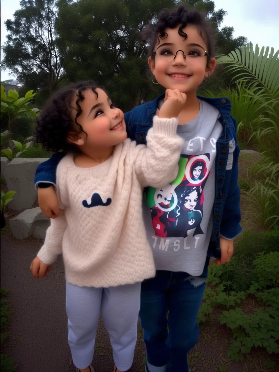 A beautiful girl with medium black curly hair , and Dark eyes in jeans and white knitting smiling,eyeglass, rosto de uma oriental, cabelo preto