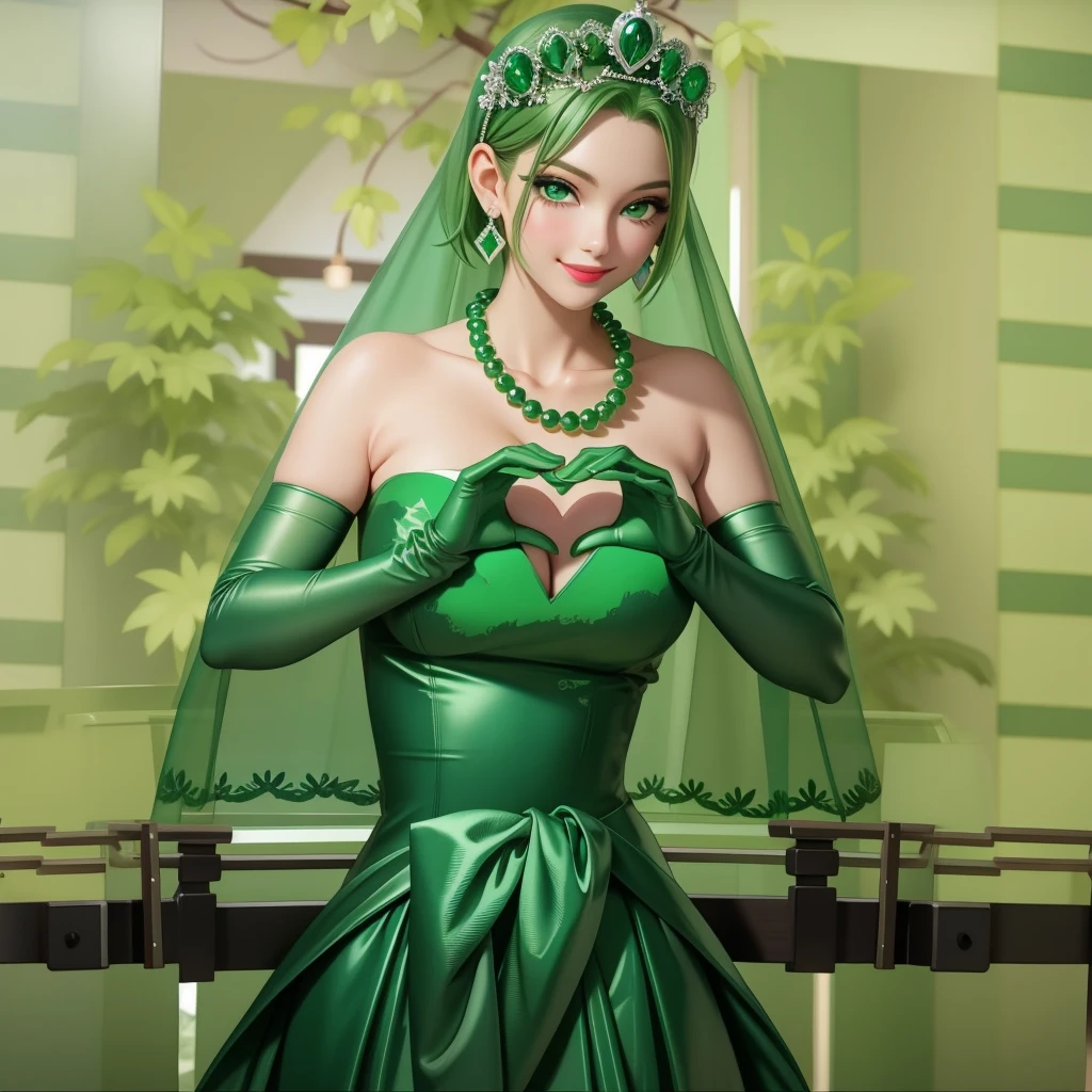 Emerald tiara, Green Pearl Necklace, ボーイッシュな非常に短いGreen Hair, Green Lips, Smiling Japanese woman, Very short hair, Busty beautiful lady, Green Eyes, Green satin long gloves, Green Eyes, Emerald Earrings, Green veil, Heart with both hands, Green Hair, Beautiful Japanese Woman, Heart shaped hands:1.3, green lip gloss