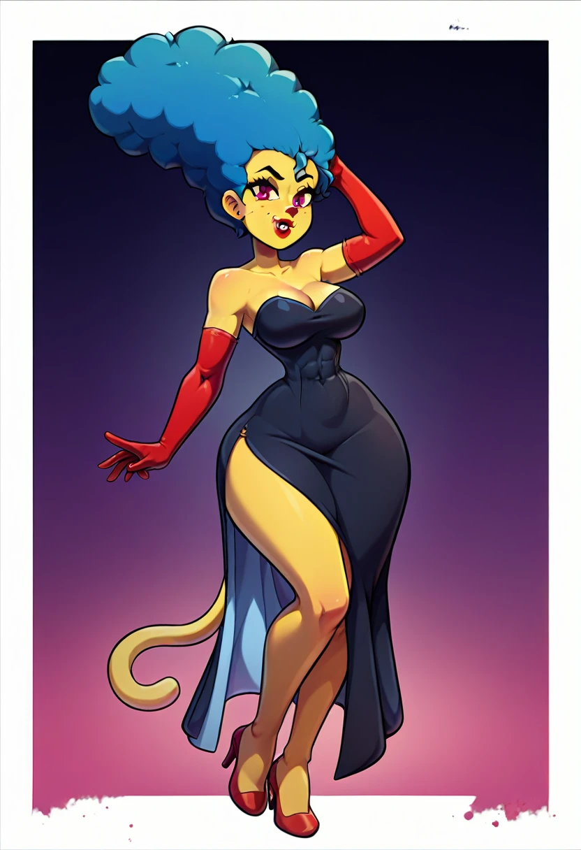 (marsim, yellow skin), solo, older female, ifbb, blue hair, beehive hair, afro, vampire fangs, catwoman, cat ears, blue forked cat tail, bat wings, tall, thin body, skinny, slim, small midsection, slendered abs, narrow waist, hyper hips, big thighs, large breasts, thick red lips, satin long black dress, red heels, elbow gloves, detailed face