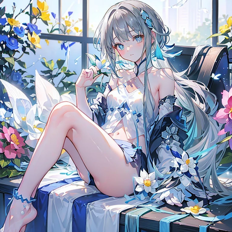 ((Close-up)) Teenage Girls in Anime, ((((Sitting in a flower garden (holding a flower in her hand))))), (Almost naked), ((barefoot)), (Cinematic Light), the skin is pure white, soft, Smooth and, ((Browsing Caution)), Very delicate and beautiful CG illustrations, Thin thighs, The body is slim, Highest quality, High resolution, Dynamic Angle, Full Frame Lens, ((1 Girl)), (Fine grain), soft light, High key lighting), Shining Light, Feathers flying background, Blue Crystal, ((She has glowing blue rings around her ankles)), (((wear (there is nothing) but、white (transparent) Tank top)))