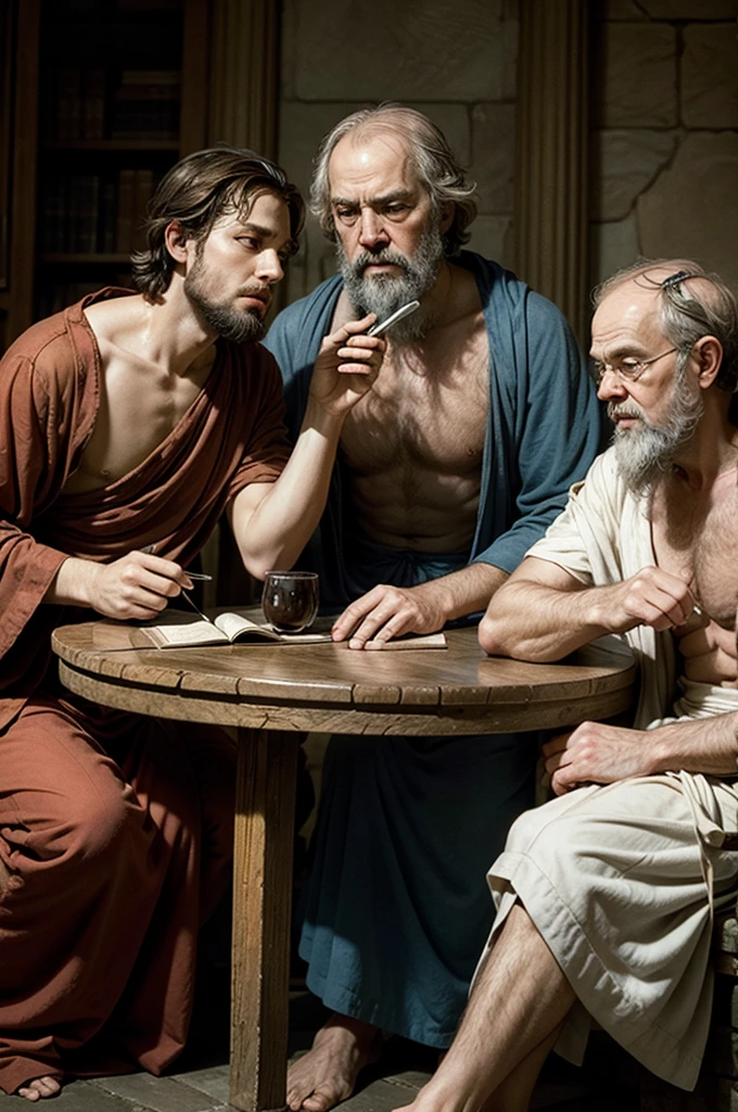 create image of aristotle, plato and socrates together telling secrets about theories at a table 