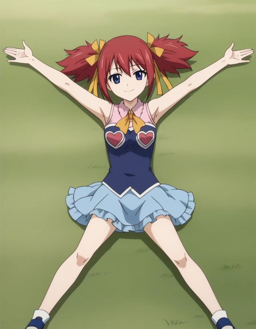 chelia_blendy, source_anime, rating_safe, intricate details, anime screencap, anime coloring, 1girl, solo, red hair, blue eyes, ribbon, hair ribbon, twintails, short twintails, looking at viewer, high quality, solo, lying, on back, arms up, spread arms, closed mouth, on grass, center, full body, looking at viewer, suggestive smile, best quality, spread legs,