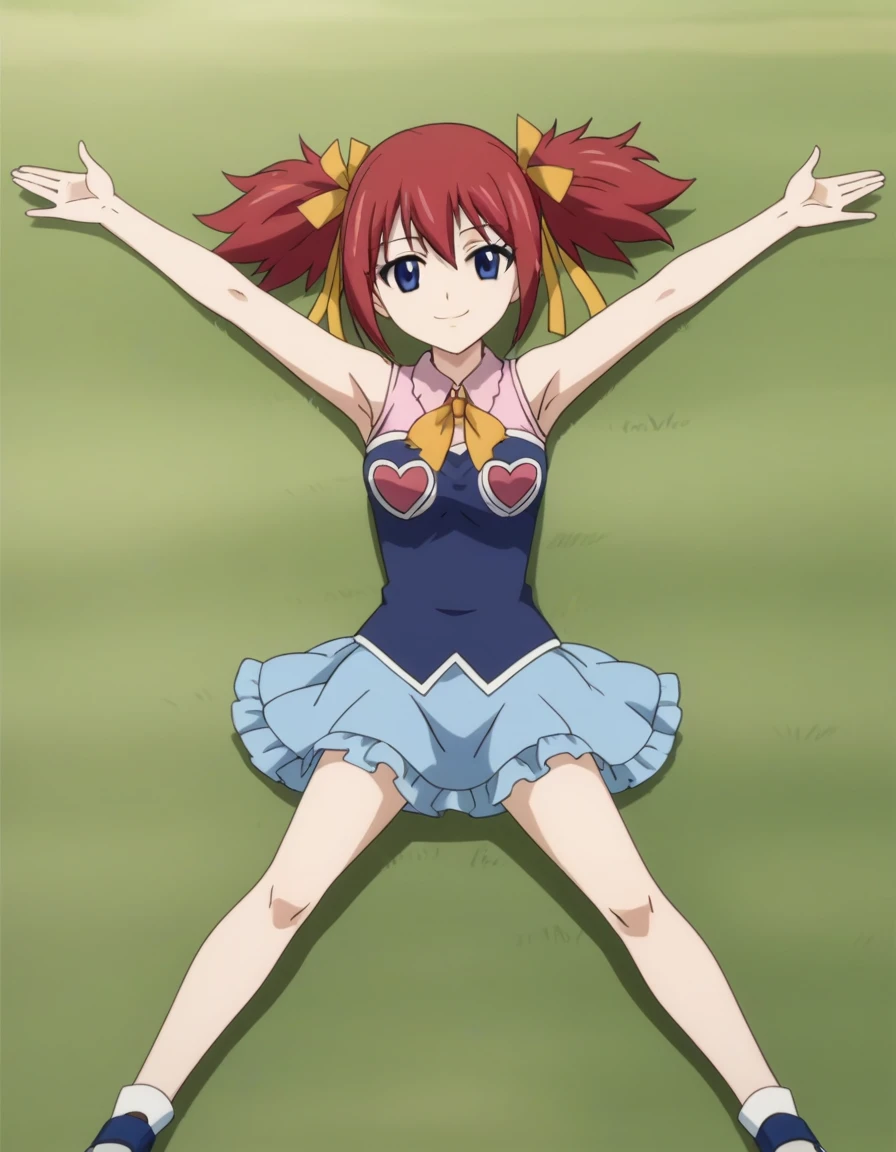 chelia_blendy, source_anime, rating_safe, intricate details, anime screencap, anime coloring, 1girl, solo, red hair, blue eyes, ribbon, hair ribbon, twintails, short twintails, looking at viewer, high quality, solo, lying, on back, arms up, spread arms, closed mouth, on grass, center, full body, looking at viewer, suggestive smile, best quality, spread legs,