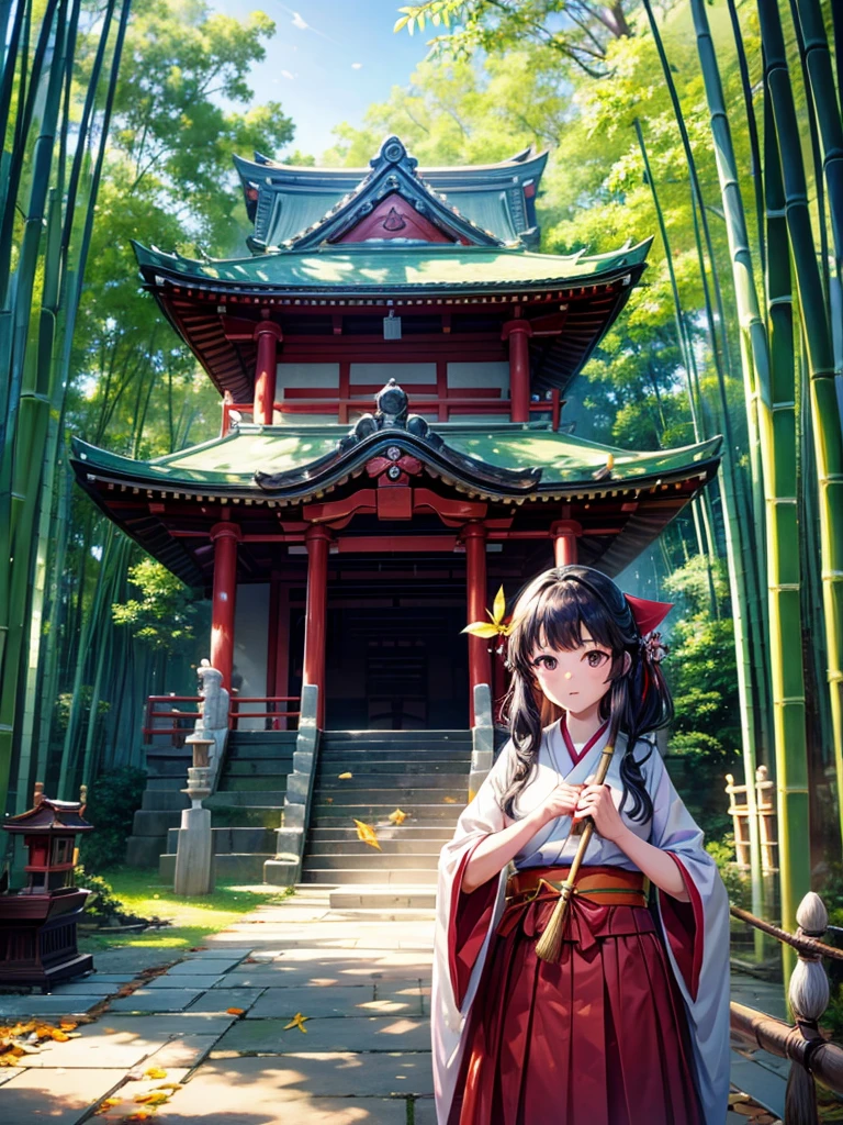 Highest quality,Highest Resolution,A shrine maiden sweeps away dead leaves with a bamboo broom in the shrine grounds.,