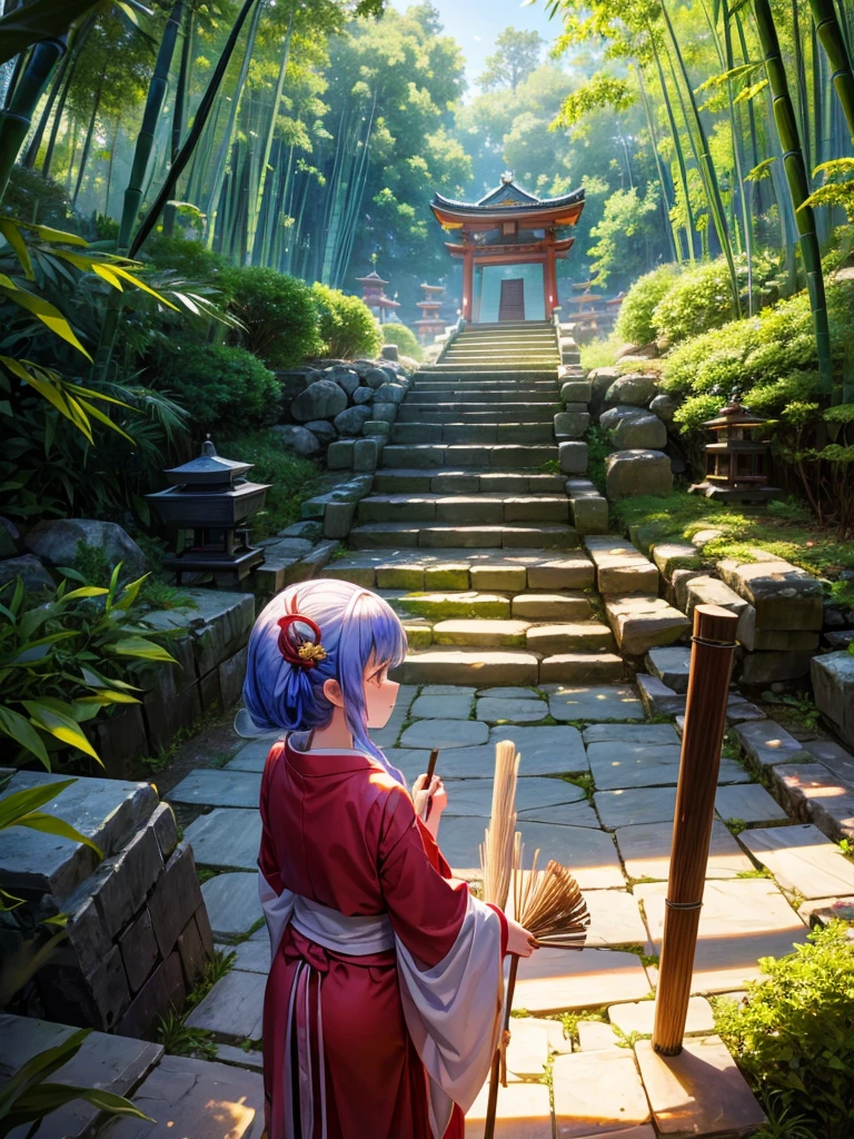 Highest quality,Highest Resolution,A shrine maiden sweeps away dead leaves with a bamboo broom in the shrine grounds.,