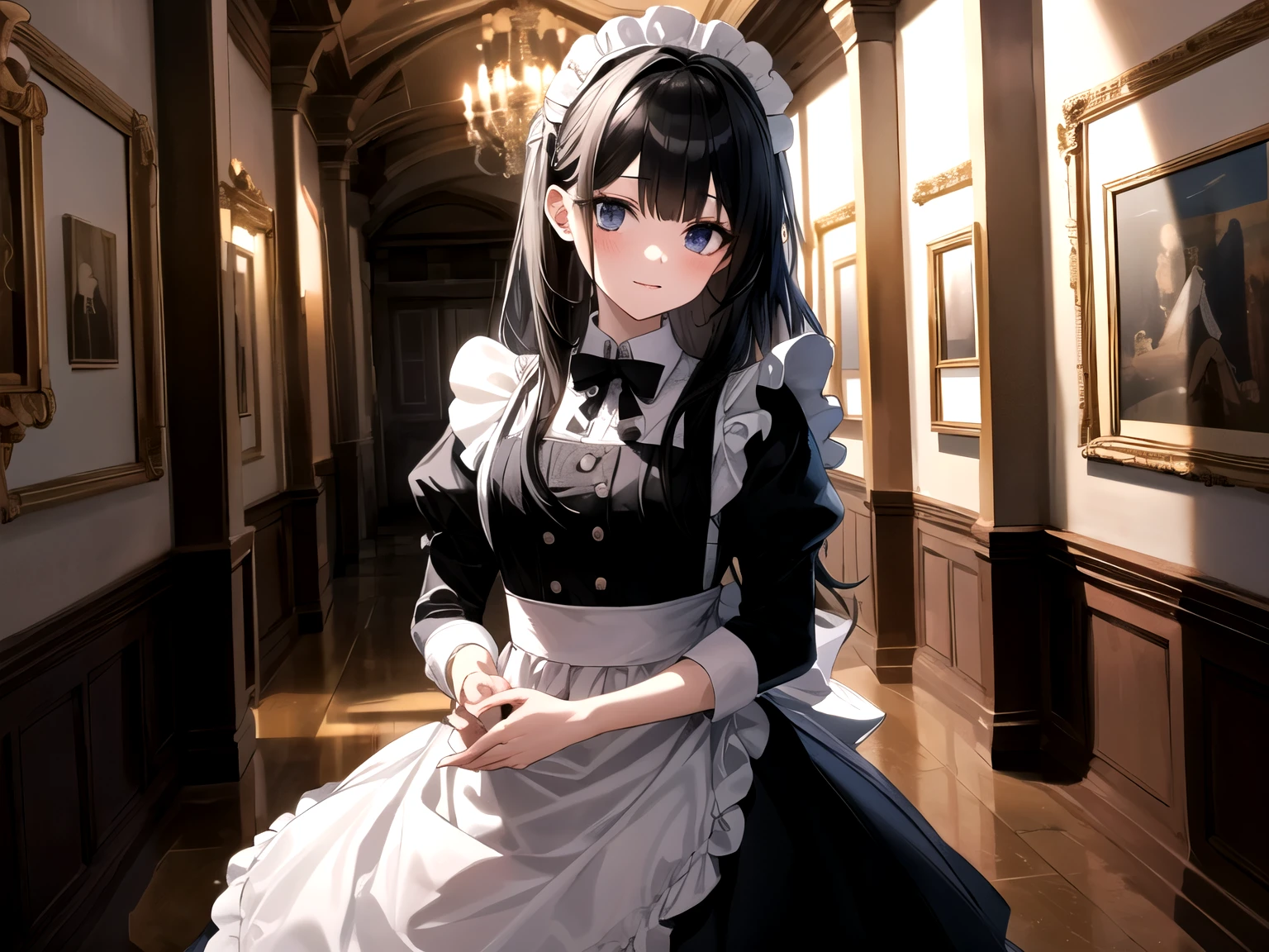 a pretty maid girl, black hair, black maid uniform, dark corridor in the castler, treasure room, masterpiece, (high quality)