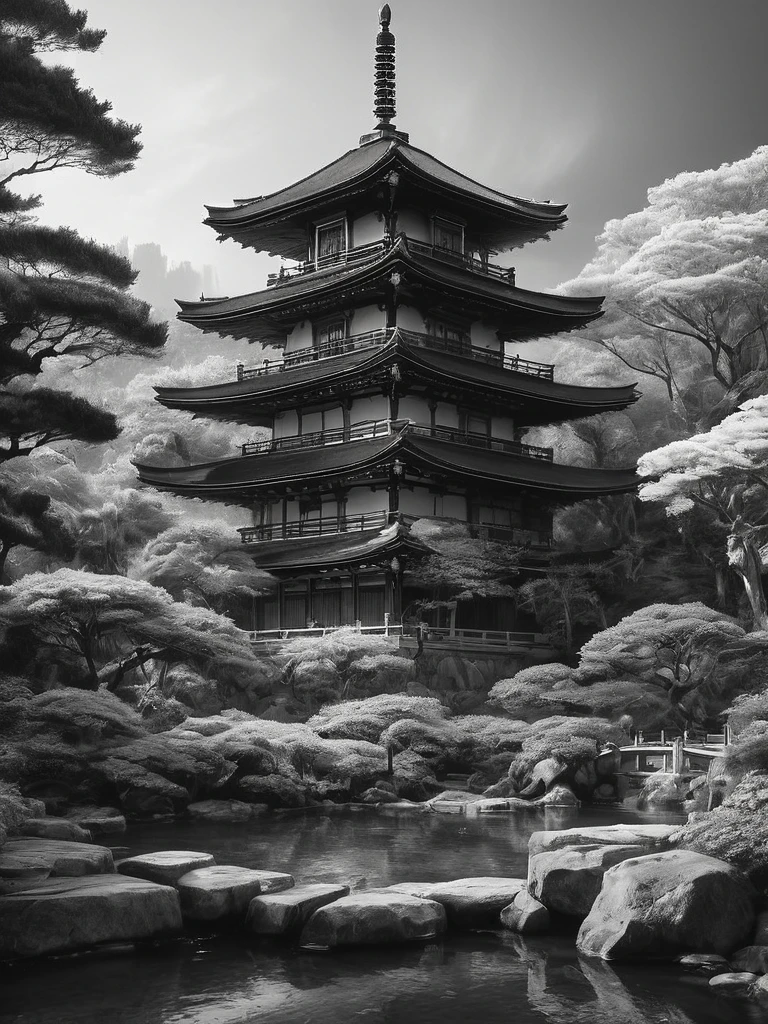 stunning black and white graphite sketch of Japanese temples in a Japanese garden, panoramic shot, in dynamic pose, by Anna Razumovskay, (by Alyssa Monks:1.1), by Joseph Lorusso, by Lilia Alvarado, beautiful lighting, sharp focus, 8k, high res, (pores:0.1), (sweaty:0.8), Masterpiece, Nikon Z9, Award - winning photograph, --ar 16:9 --style raw --stylize 750 --niji 6, perfect composition, beautiful detailed intricate insanely de