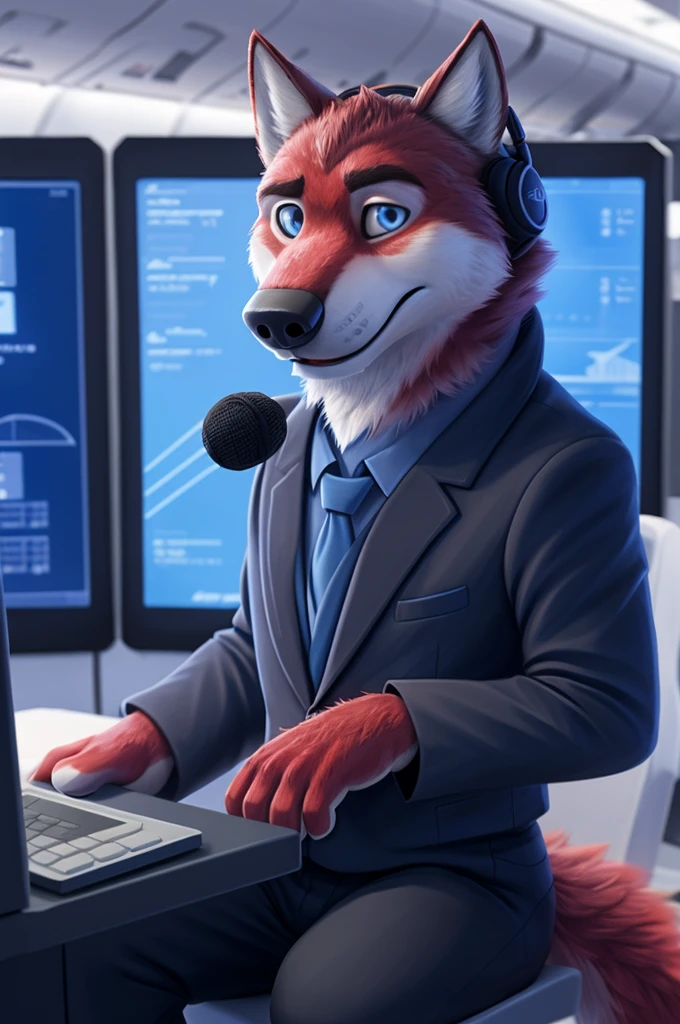 Иван Федорович Вольфбах air traffic controller, (Novosibirsk) ,tall handsome, wolf,young, 24 years, brown fur,Kind,(red body:1.3),beautiful blue eyes,Novosibirsk,dressed,civil aviation pilot uniform,White shirt,commander&#39;s epaulettes, черный tie, trousers,air traffic controller, trousers,canine, wolf, detailed fur, male, second, paw pads, finger claws,At the viewer, 5 fingers, paws, 5 fingers, smile, wrist watch, т nextel,by xenoforge, (difficult, high detail, digital photography, soft focus, RAW,goes for a walk, ,Very close to the camera,airport,Novosibirsk, smile, good mood, positive, Very close to the camera, plaid shirt, At the hairdresser, without hair, captain&#39;s epaulets, 
Photorealism, realistic, photorealistic, digital style, Subsurface scattering,I look at the viewer,стоит White shirt is sitting, at the computer, radars, microphone, trousers, tie,air navigation tower, close to the camera,окно вид на airport и самолеты, is sitting, airplane symbol on jacket, headphones, 
masterpiece, Best quality, ultra realistic, 8 thousand.)