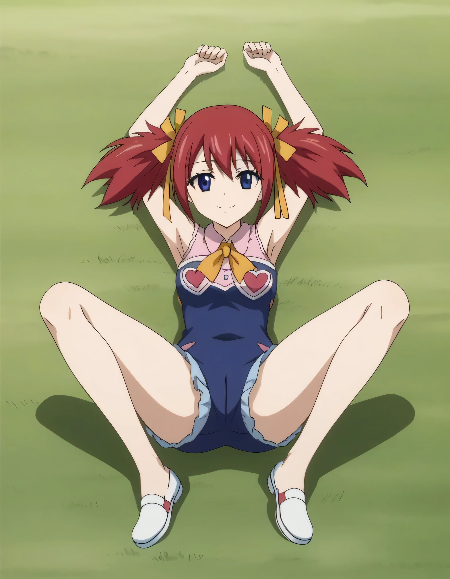 chelia_blendy, source_anime, rating_safe, intricate details, anime screencap, anime coloring, 1girl, solo, red hair, blue eyes, ribbon, hair ribbon, twintails, short twintails, looking at viewer, high quality, solo, lying, on back, arms up, spread arms, closed mouth, on grass, center, full body, looking at viewer, suggestive smile, best quality, spread legs,