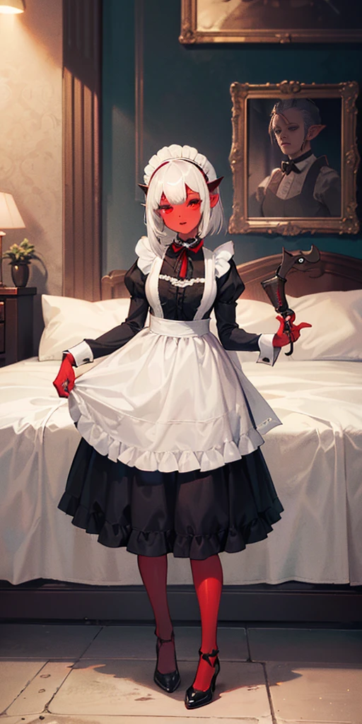1 girl, (((oni girl))), (((red skin))), horns, white hair, ((maid)), (solo female), white maid apron, maid headdress, maid skirt, (((victorian maid dress))), puffy sleeves, fascinated expression, full body portrait, inside mansion, bedroom background