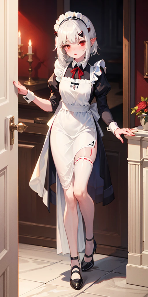 1 girl, (((oni girl))), (((red skin))), horns, white hair, ((maid)), (solo female), white maid apron, maid headdress, maid skirt, (((victorian maid dress))), puffy sleeves, fascinated expression, full body portrait, inside mansion, bedroom background