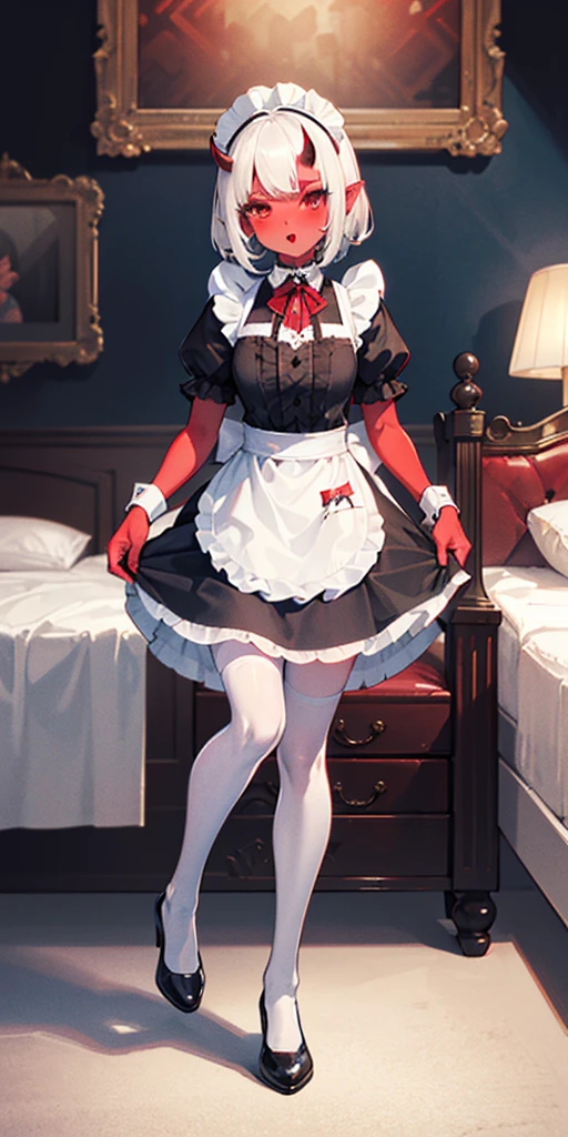 1 girl, (((oni girl))), (((red skin))), horns, white hair, ((maid)), (solo female), white maid apron, maid headdress, maid skirt, (((victorian maid dress))), puffy sleeves, fascinated expression, full body portrait, inside mansion, bedroom background