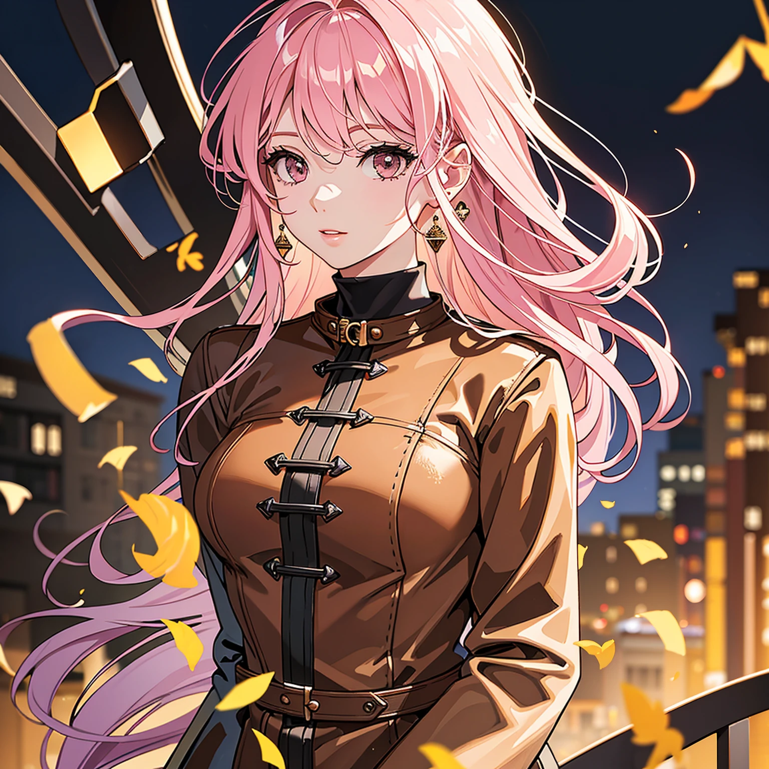 (masterpiece, high quality, 4k:1.4), 1girl, solo, pink hair, brown eyes, double-parted bangs, long hair, (mature female, mature:1.2), mole under eye, earrings, brown jacket, white button up, close up, detailed face, beautiful detailed eyes, beautiful detailed lips, extremely detailed face, long eyelashes, intricate details, cinematic lighting, warm color palette, dramatic lighting