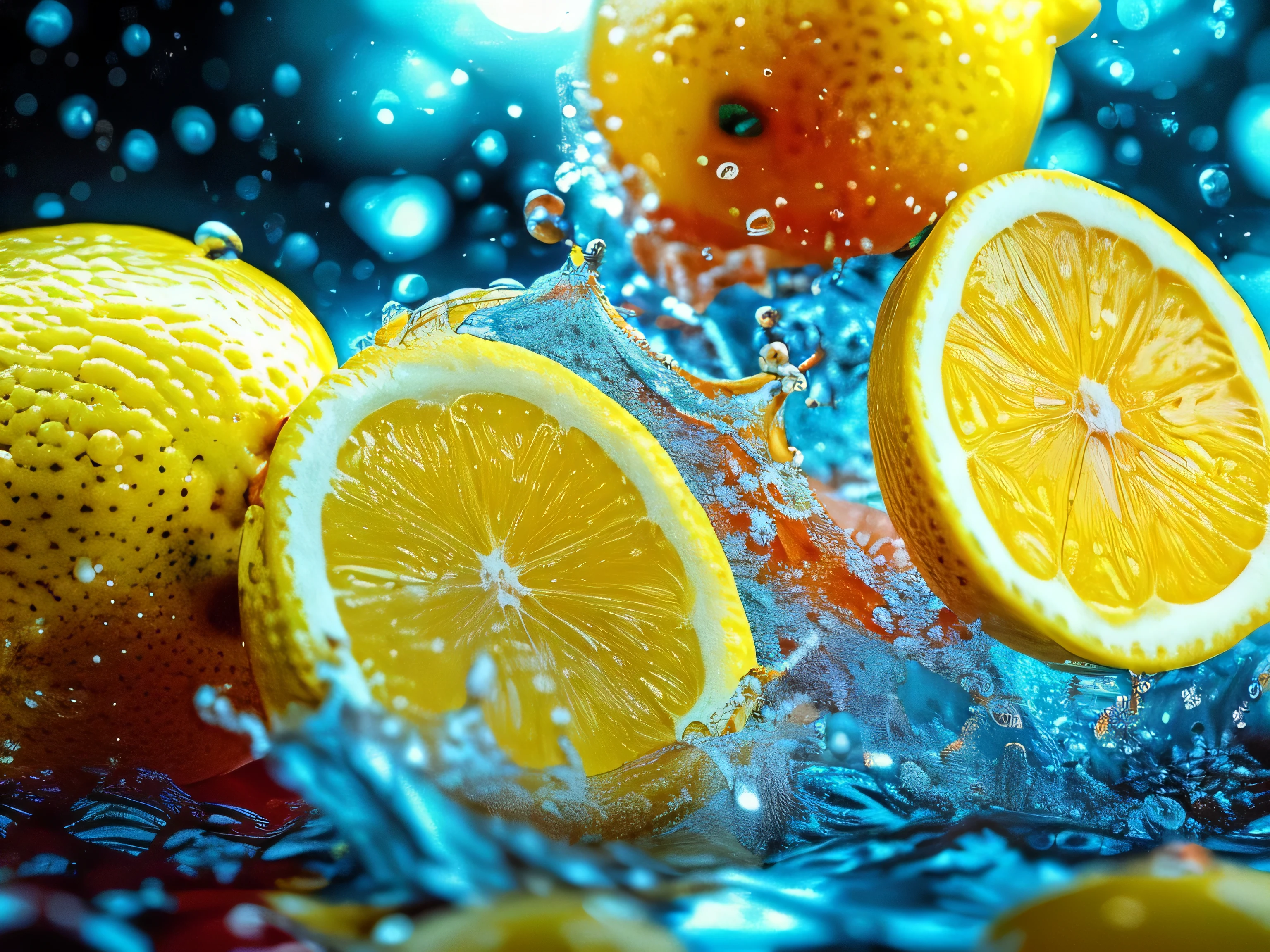 Real photography of 3 lemons falling into water and splashing with water droplets. Commercial advertising style, macro shot, background, warm lighting, cool colors creating splash effect. The cherry is dotted with white light spots, and the cherry falls from above, forming a splashing liquid water ball. HD photography quality.