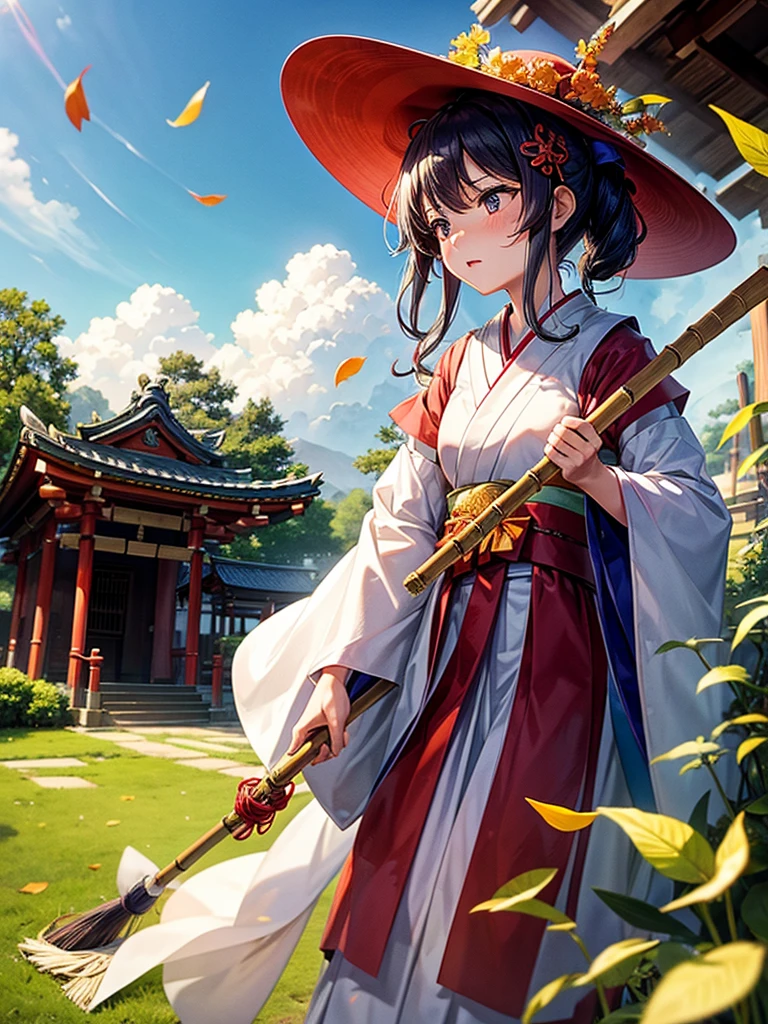 Highest quality,Highest Resolution,A shrine maiden sweeps away dead leaves with a bamboo broom in the shrine grounds.,