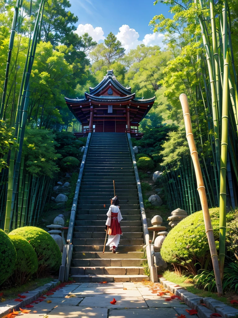 Highest quality,Highest Resolution,A shrine maiden sweeps away dead leaves with a bamboo broom in the shrine grounds.,