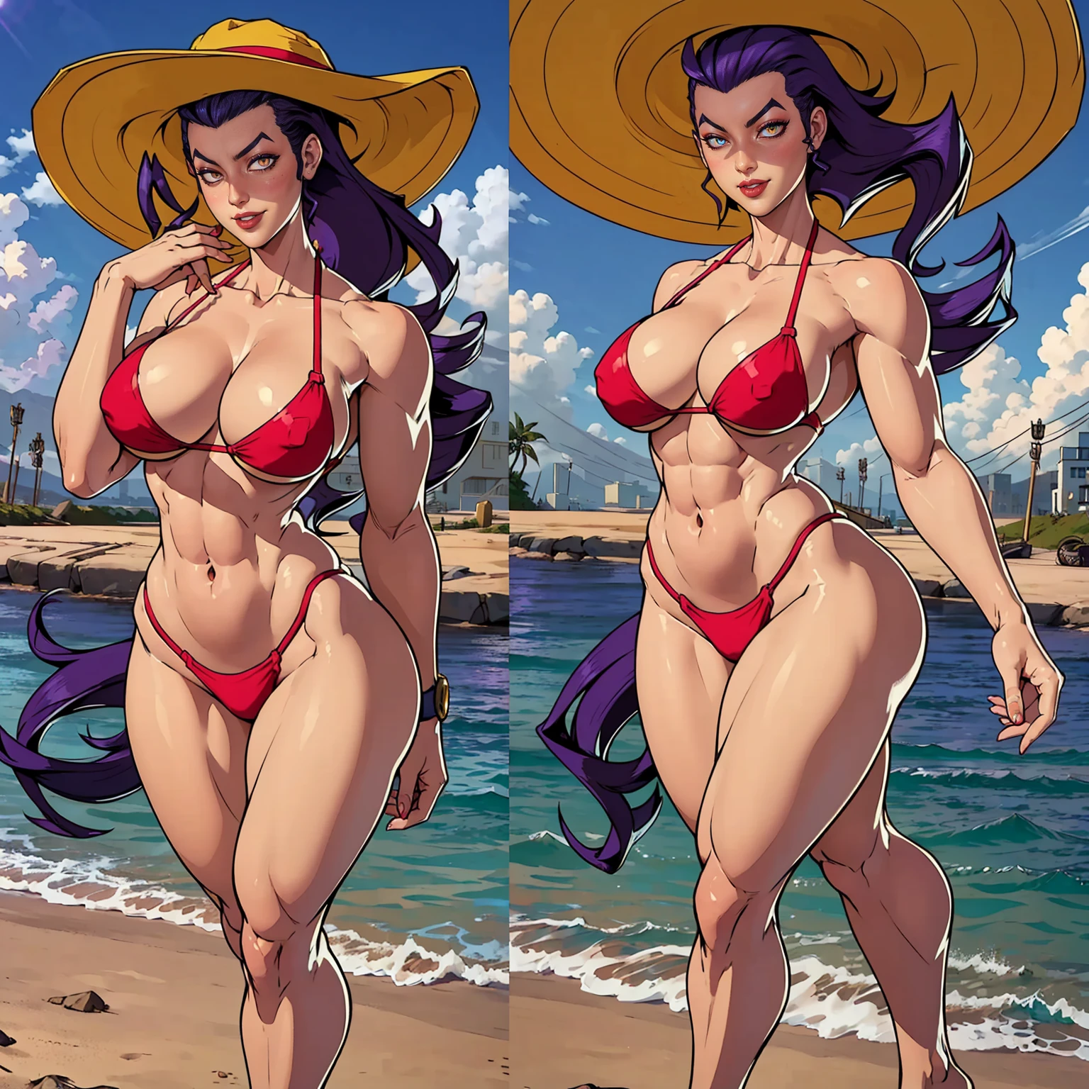 rose2, ((long violet hair,hair slicked back,single hair intake, glowing purple eyes, makeup, narrow waist, skinny, medium breasts)), pelvic curtain, ((red bikini, sun hat)), full body, perfect body, (insanely detailed, beautiful detailed face, masterpiece, best quality) , (((solo))), (((1girl))), (((mature))), (extremely detailed 8k paper CG wall unit: 1.1), (beach, sunnyday, sand), (smile face for the viewer), eropose