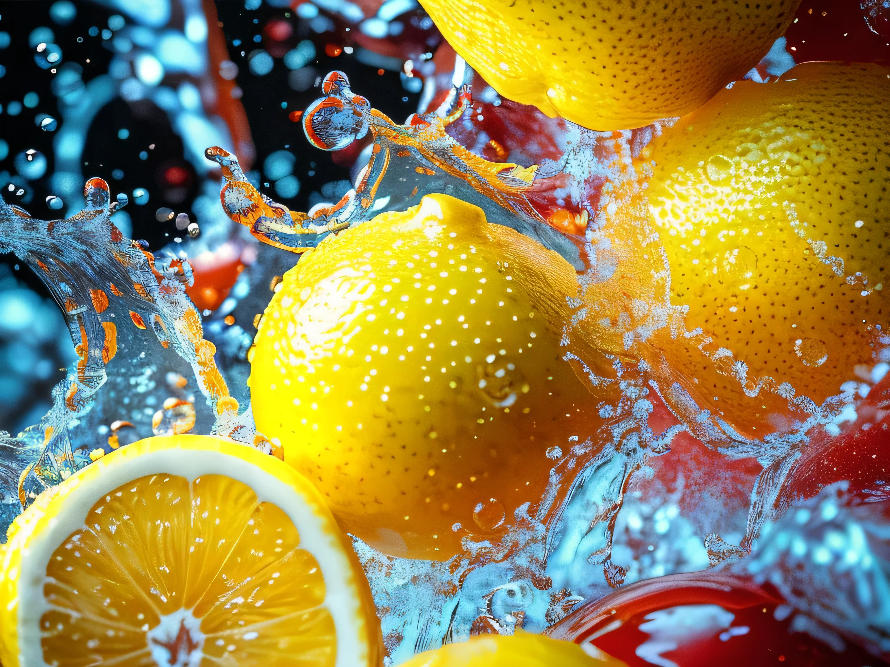 Real photography of 3 lemons falling into water and splashing with water droplets. Commercial advertising style, macro shot, background, warm lighting, cool colors creating splash effect. The cherry is dotted with white light spots, and the cherry falls from above, forming a splashing liquid water ball. HD photography quality.