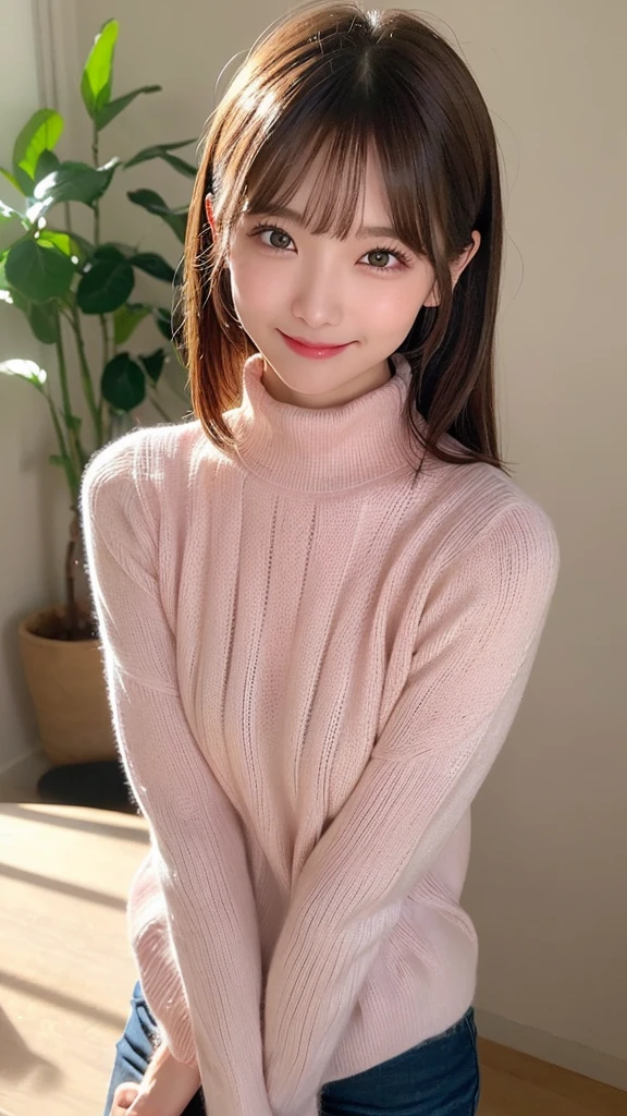 (masterpiece:1.5)、(Realistic:1.5)、(Highest quality:1.4、8K、RAW Photos)、
Ultra-high resolution、Professional Lighting、Perfect dynamic composition、Shot indoors、
Film Grain、chromatic aberration、(Bokeh:1.1)、
Frank、Sophisticated、charm、Surreal、High detail、Golden Ratio、
(1 Girl)、Slender girl、繊細でcharm女の子、Cute Woman:1.4、
((Cute smile))、Looking at the audience、Sculpture Pose、
Light brown hair、Shiny Hair、Hairstyle: Ponytail、
Realistic looking skin、
Shut your mouth.、Beautiful Eyes、double eyelid、Thin arms、、
(Wearing a pink turtleneck sweater)