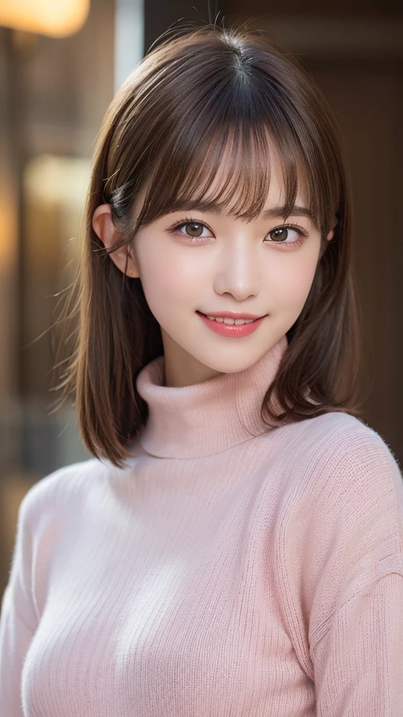 (masterpiece:1.5)、(Realistic:1.5)、(Highest quality:1.4、8K、RAW Photos）、
Ultra-high resolution、Professional Lighting、Perfect dynamic composition、Shot indoors、
Film Grain、chromatic aberration、(Bokeh:1.1)、
Frank、Sophisticated、charm、Surreal、High detail、Golden Ratio、
(1 Girl)、Slender girl、繊細でcharm女の子、Cute Woman:1.4、
((Cute smile))、Looking at the audience、Sculpture Pose、
Light brown hair、Shiny Hair、Hairstyle: Ponytail、
Realistic looking skin、
Shut your mouth.、Beautiful Eyes、double eyelid、Thin arms、、
(Wearing a pink turtleneck sweater)