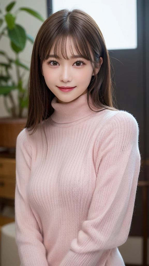 (masterpiece:1.5)、(Realistic:1.5)、(Highest quality:1.4、8K、RAW Photos)、
Ultra-high resolution、Professional Lighting、Perfect dynamic composition、Shot indoors、
Film Grain、chromatic aberration、(Bokeh:1.1)、
Frank、Sophisticated、charm、Surreal、High detail、Golden Ratio、
(1 Girl)、Slender girl、繊細でcharm女の子、Cute Woman:1.4、
((Cute smile))、Looking at the audience、Sculpture Pose、
Light brown hair、Shiny Hair、Hairstyle: Ponytail、
Realistic looking skin、
Shut your mouth.、Beautiful Eyes、double eyelid、Thin arms、、
(Wearing a pink turtleneck sweater)