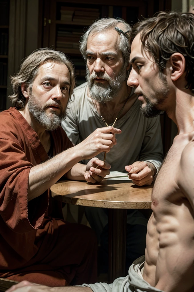 create image of aristotle, plato and socrates together telling secrets about theories at a table