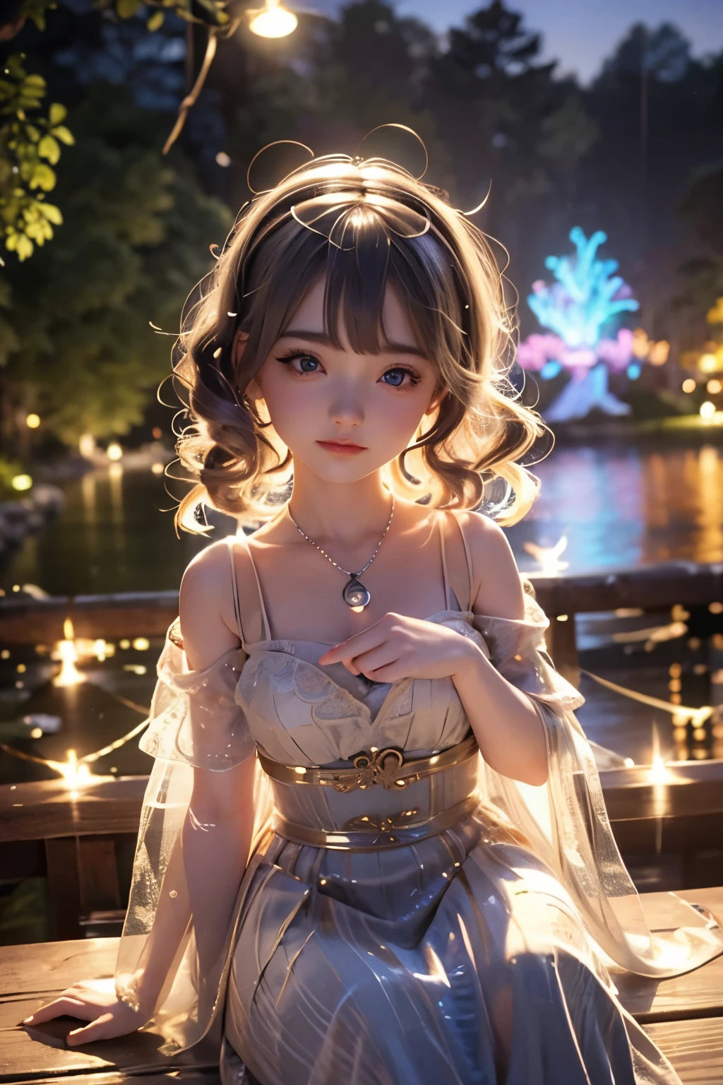 a chibi girl doll, detailed girl, beautiful detailed eyes, beautiful detailed lips, extremely detailed face, long eyelashes, intricate details, porcelain skin, cute expression, sitting on the riverside, riverside night view, fireflies, bioluminescent plants, ambient glowing lights, cinematic lighting, vibrant colors, warm color palette, photorealistic, 8k, hyper detailed, masterpiece, concept art