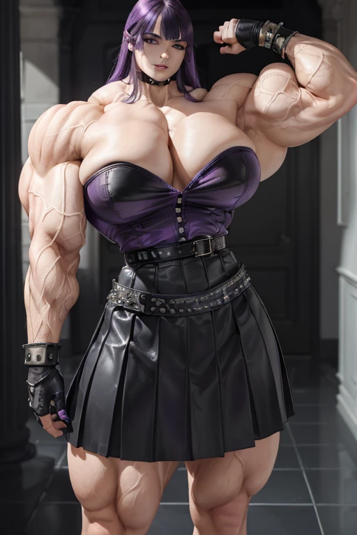 (((Massive tall, beautiful, buff, pale white skinned muscular woman with violet purple hair, black lipstick, ginormous bulky muscles and wearing a beautiful leather unbuttoned blouse with a beautiful black long pleated skirt))), (close view), massive muscles, massive biceps, hyper muscle shoulders, massive muscle arms, vascular shoulders, hyper muscle triceps, (long hair with long bangs), (beautiful unbuttoned leather blouse), black eyes, studded gauntlets, gloves, choker, (beautiful black long pleated skirt with a belt), shoes with socks, (in a beautiful hallway), closed smile, morning, hyper vascular arm, hyper muscles arms, hyper muscle legs, massive arms