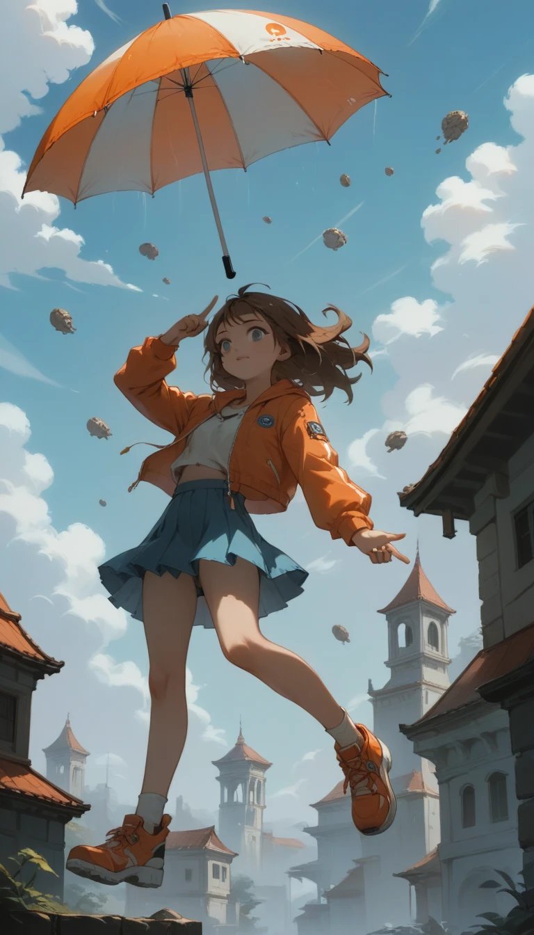 quality\(8K,非常に精細なCGユニットのwallpaper, masterpiece,High resolution,top-quality,top-quality real texture skin,Surreal,Increase the resolution,RAW Photos,最高quality,Very detailed,wallpaper\),BREAK、One girl pointing at an umbrella instead of a parachute、pretty girl、Pointing to a large umbrella、Gripping the umbrella tightly、Brown Hair、Spiky Hair、BREAK、Girl falling from the sky、A girl falling with the buoyancy of an umbrella、完璧に計算されたSpiky Hairの毛、Skirt that flips up、BREAK、Wide sky、Blue sky、Orange roofs spreading out below、Blurred background
