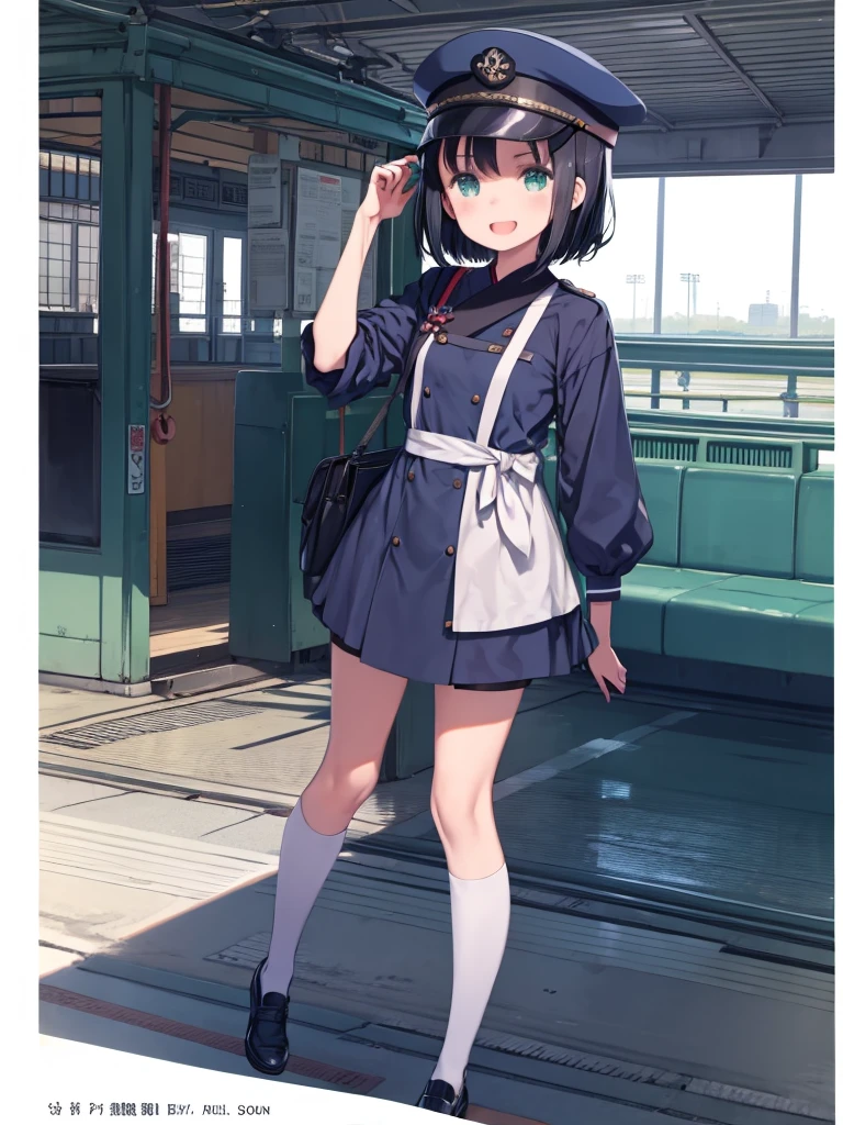 One Girl、女性station員、Blue uniform cap、Blue Uniform、Black hair bow、Railway daughter、Green Eyes、laughing、station、