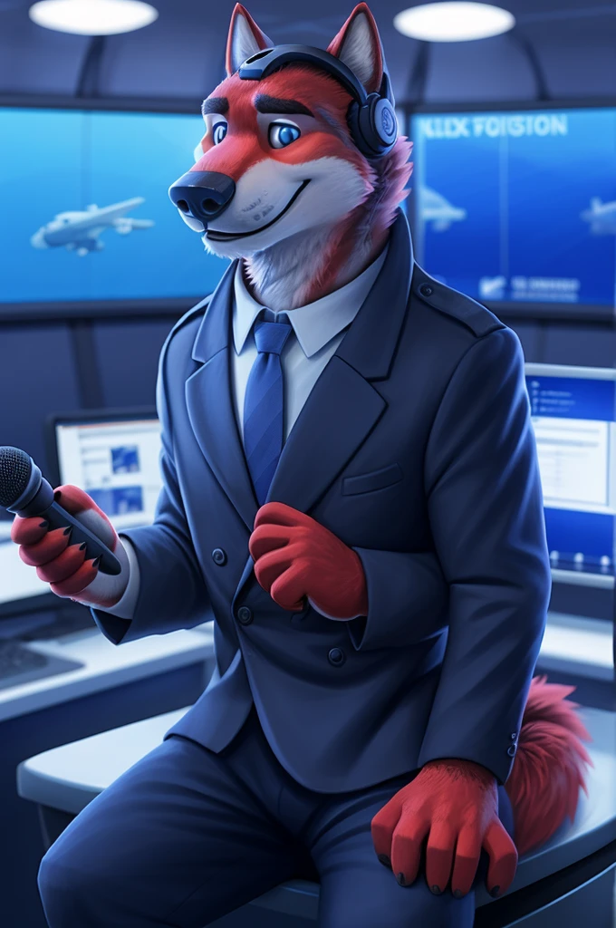 Иван Федорович Вольфбах air traffic controller россия, (Novosibirsk) ,tall handsome, wolf,young, 24 years, brown fur,Kind,(red body:1.3),beautiful blue eyes,Novosibirsk,dressed,civil aviation pilot uniform,White shirt,commander's epaulettes, черный tie, trousers,air traffic controller, trousers,canine, wolf, detailed fur, male, second, paw pads, finger claws,At the viewer, 5 fingers, paws, 5 fingers, smile, wrist watch, т nextel,by xenoforge, (difficult, high detail, digital photography, soft focus, RAW,goes for a walk, ,Very close to the camera,airport,Novosibirsk, smile, good mood, positive, Very close to the camera, plaid shirt, At the hairdresser, without hair, captain's epaulets,
Photorealism, realistic, photorealistic, digital style, Subsurface scattering,I look at the viewer,стоит White shirt is sitting, at the computer, radars, microphone, trousers, tie,air navigation tower, close to the camera,окно вид на airport и самолеты, is sitting, airplane symbol on jacket, headphones, smile хорошое настроение,
masterpiece, Best quality, ultra realistic, 8 thousand.)